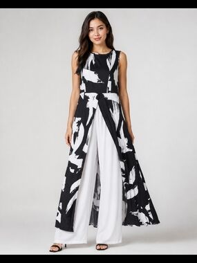 Womens Sleeveless Black & White Wide-Leg Pants Jumpsuit W/ Skirt Overlay Size XL